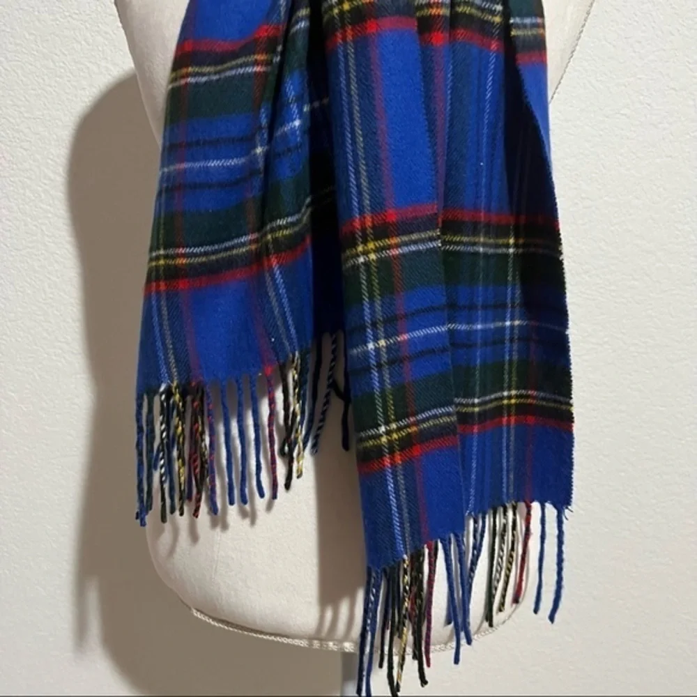 Blue Plaid Tartan Fleece Scarf Extra Long Tassels Fringe Unisex